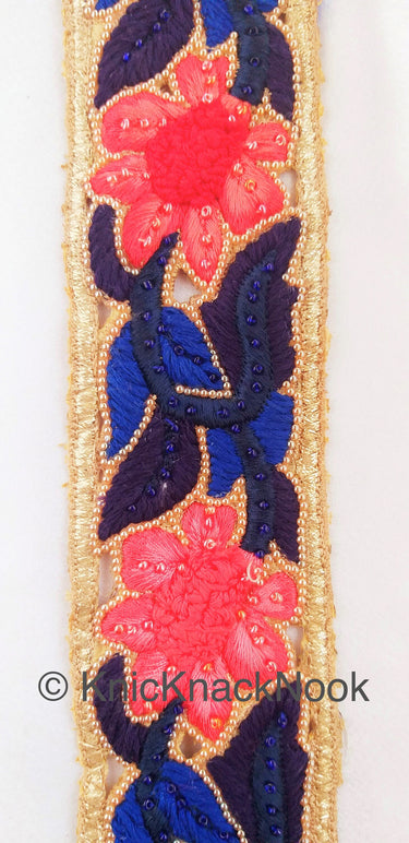Blue And Gold Hand Embroidered Cutwork Lace Trim, Floral Embroidery Beaded, Wedding Trim